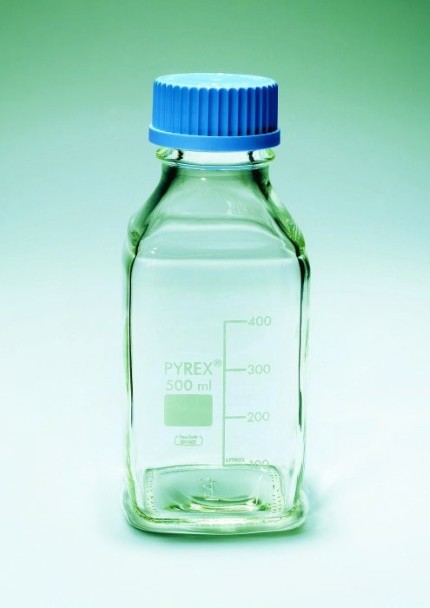Flacone autoclavabile vetro Pyrex® ISO 45 forma quadrata con tappo a vite blu ml 100