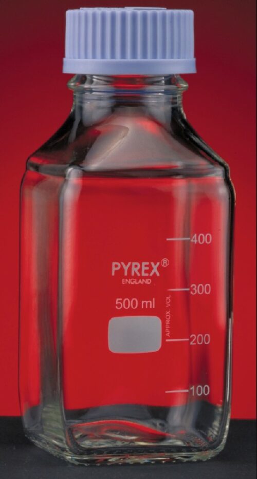 Flacone autoclavabile vetro Pyrex® ISO 45 forma quadrata con tappo a vite blu ml 500