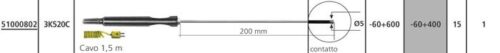 Sonda di temperatura a contatto tipo K. Range di temperatura: -60÷+600° C, tempo di risposta: 15 s,